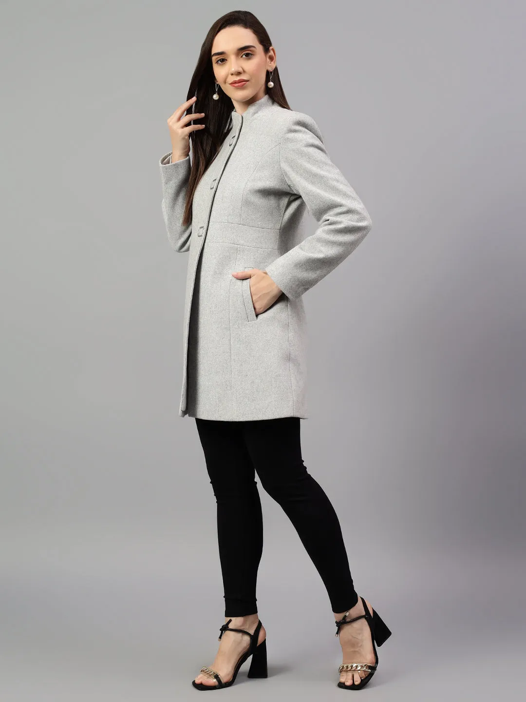 Women's Grey Solid Full Sleeves Winter Long Coat