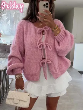 Womens Tie Front Bow Cardigan Sweaters Oversized Chunky Knit Cardigan Long Sleeve Open Front Loose Knitwears Bow Pink Tops