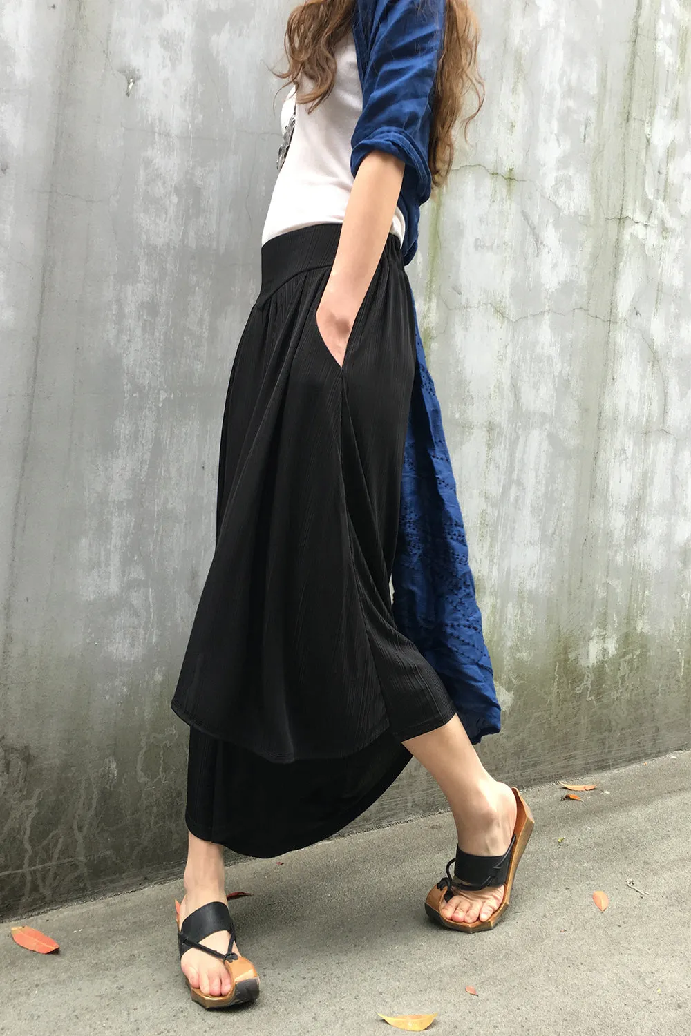 Women's yoga skirt pants/pleated skirt pants/oversized pants/elastic waist pants/asymmetrical trousers (K1661)