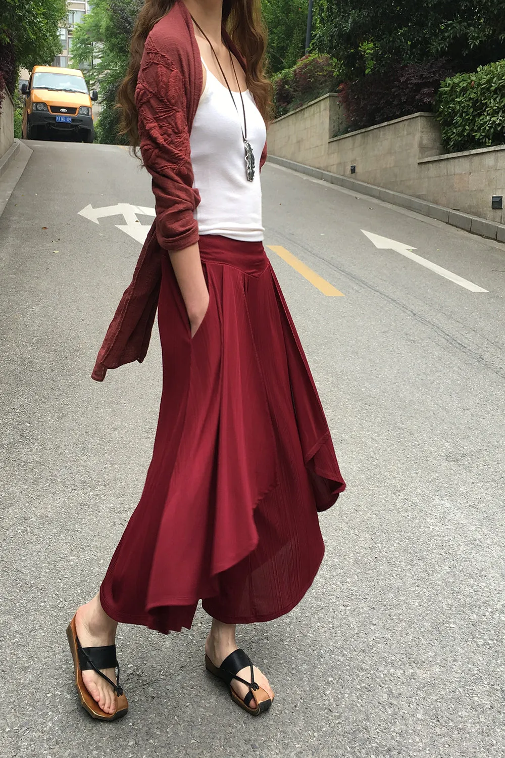 Women's yoga skirt pants/pleated skirt pants/oversized pants/elastic waist pants/asymmetrical trousers (K1661)