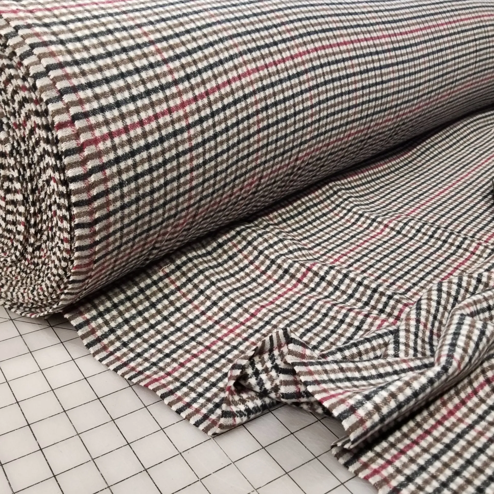 Wool Blend Melton Olive and Burgundy Checks Woven-Sold by the yard