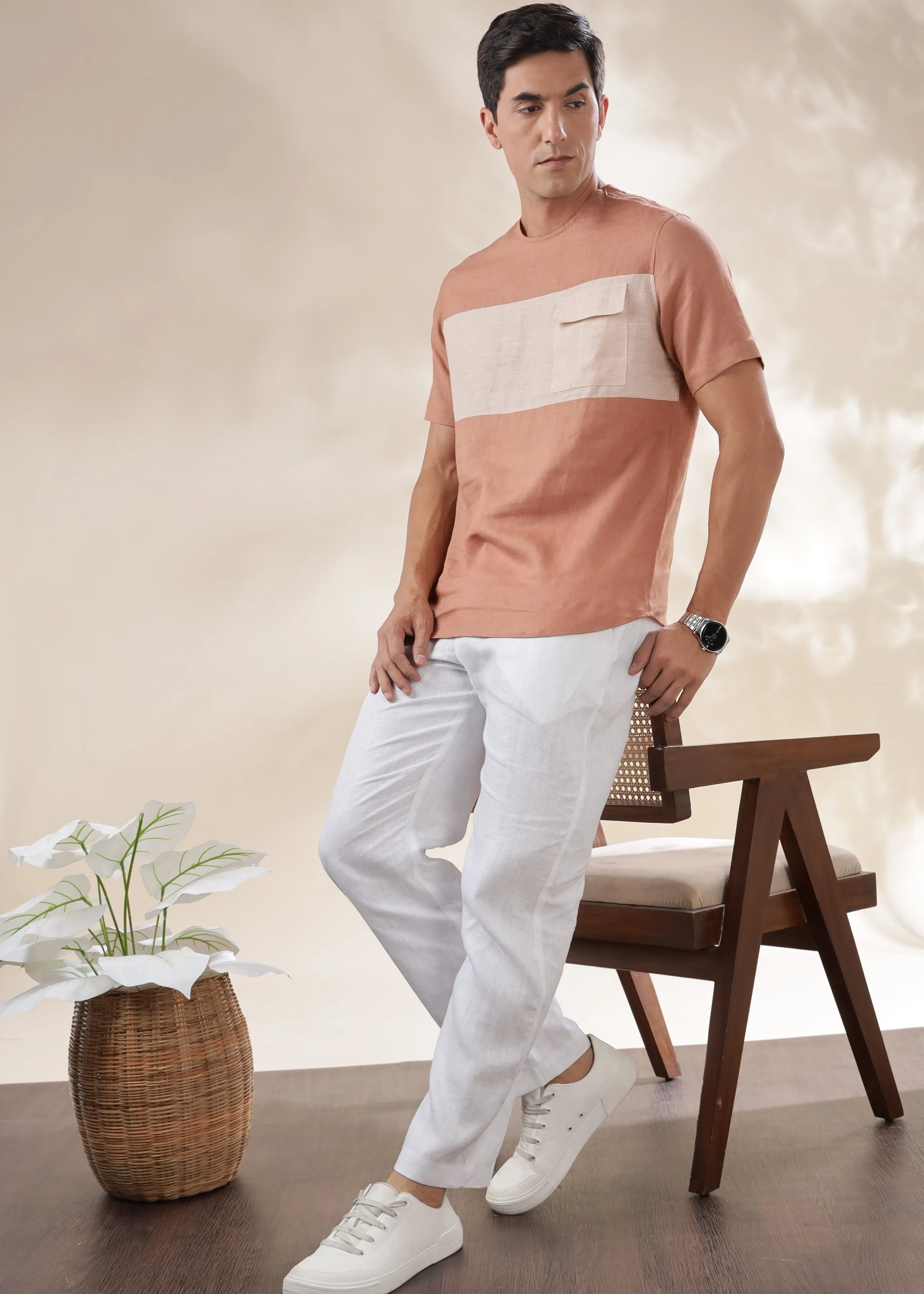 Zach - Double Colour Block Linen Short Sleeve T-Shirt - Fondue Pink & Beige Chambray