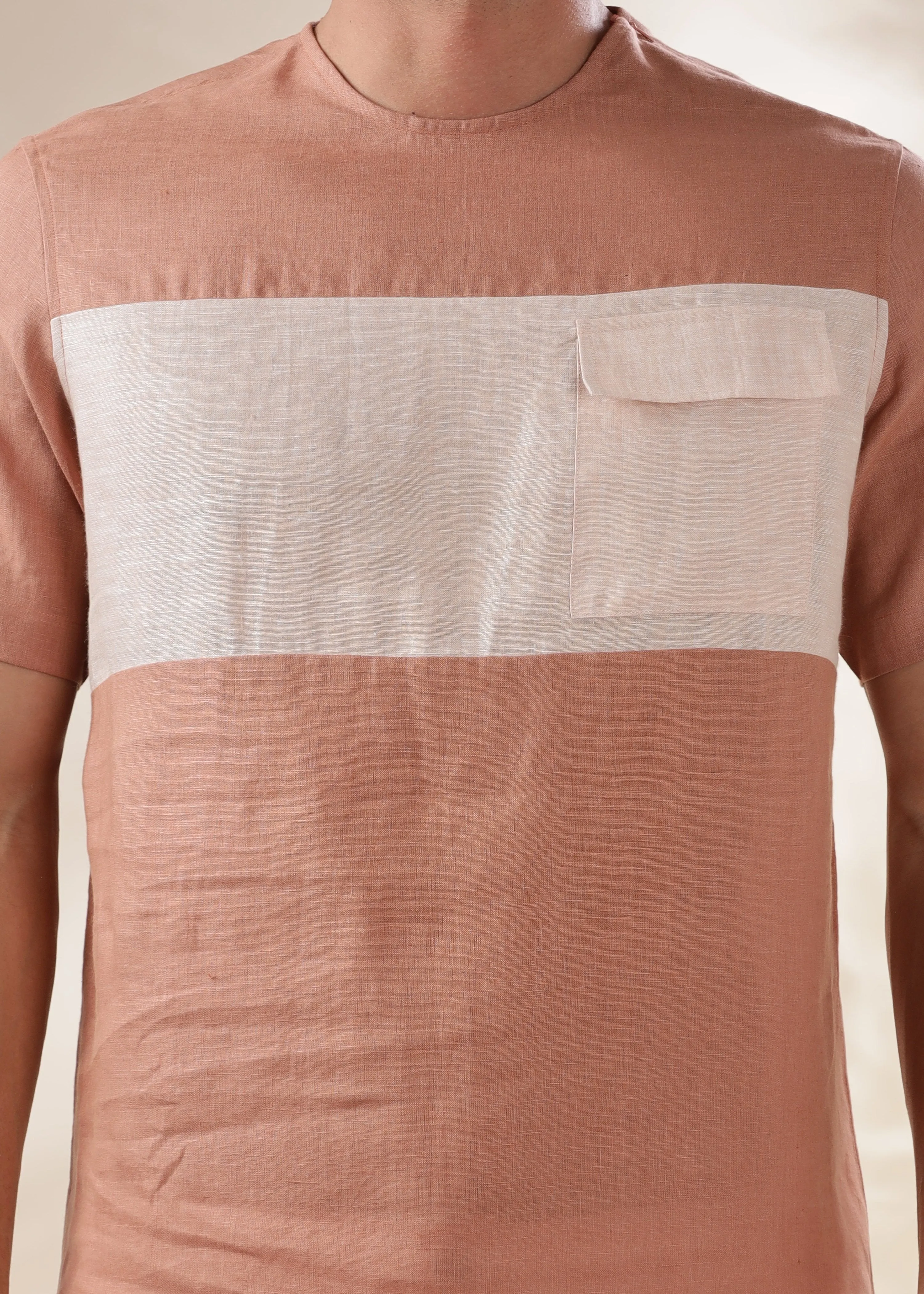 Zach - Double Colour Block Linen Short Sleeve T-Shirt - Fondue Pink & Beige Chambray