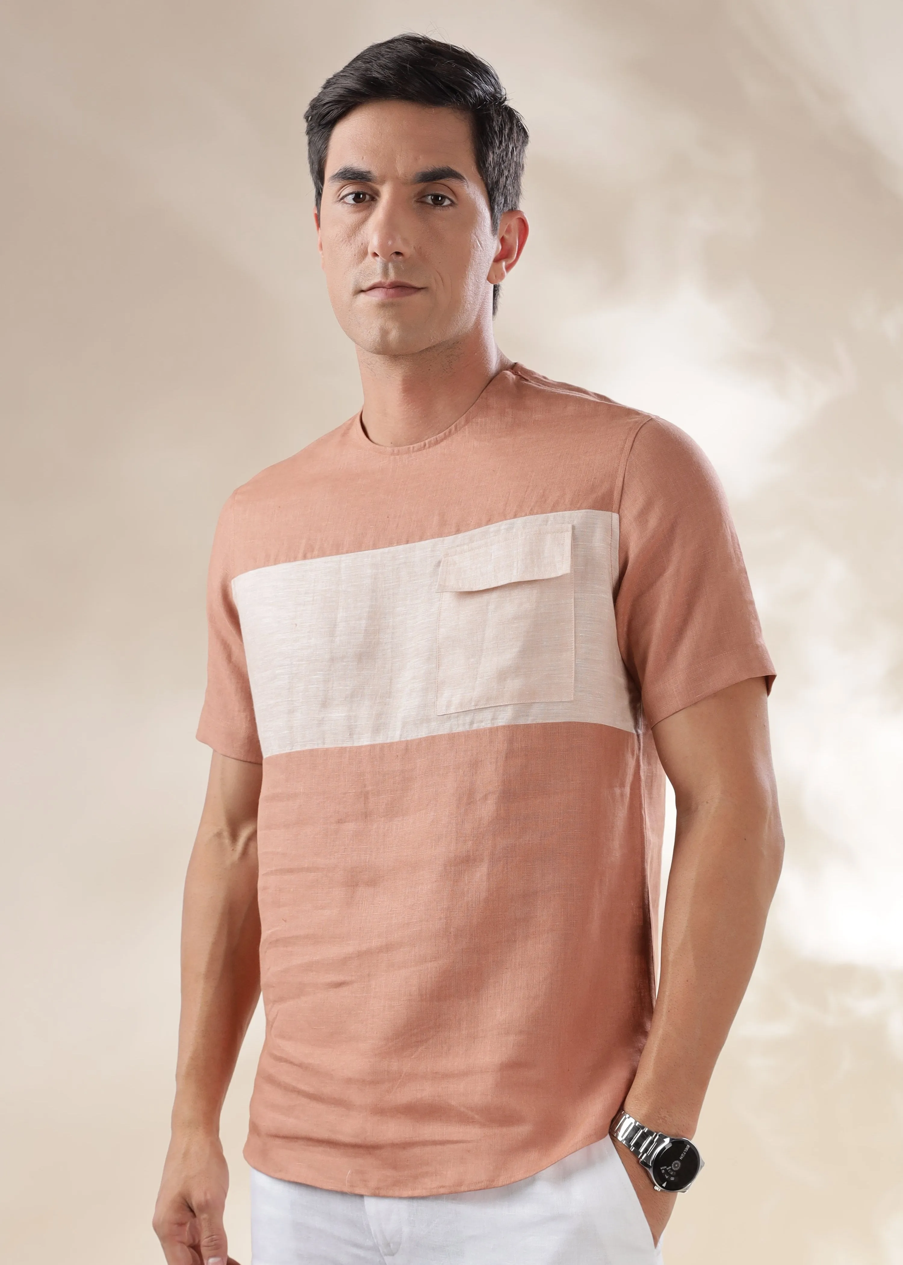 Zach - Double Colour Block Linen Short Sleeve T-Shirt - Fondue Pink & Beige Chambray