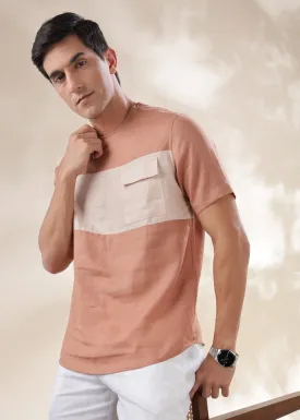 Zach - Double Colour Block Linen Short Sleeve T-Shirt - Fondue Pink & Beige Chambray